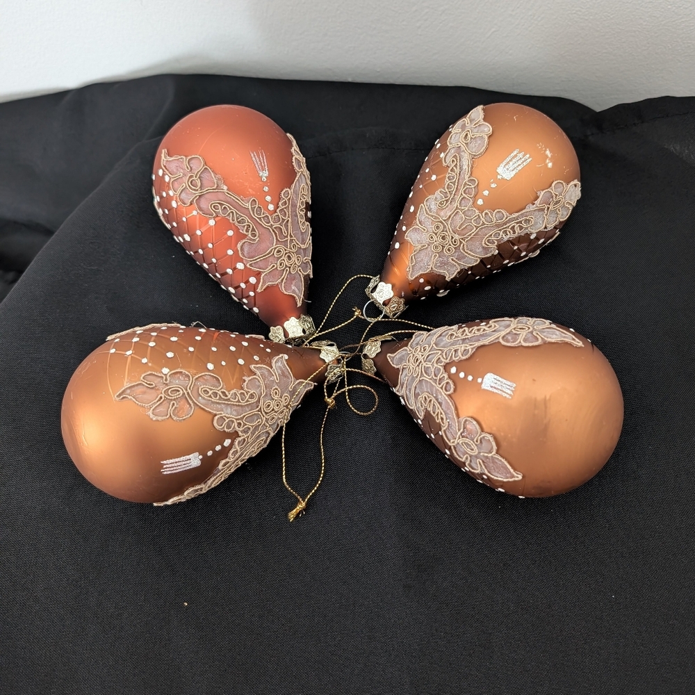 Christmas‎ Tear Drop Bronze Ornaments Decor Set Of 4 Lace-Like Applique Glitter